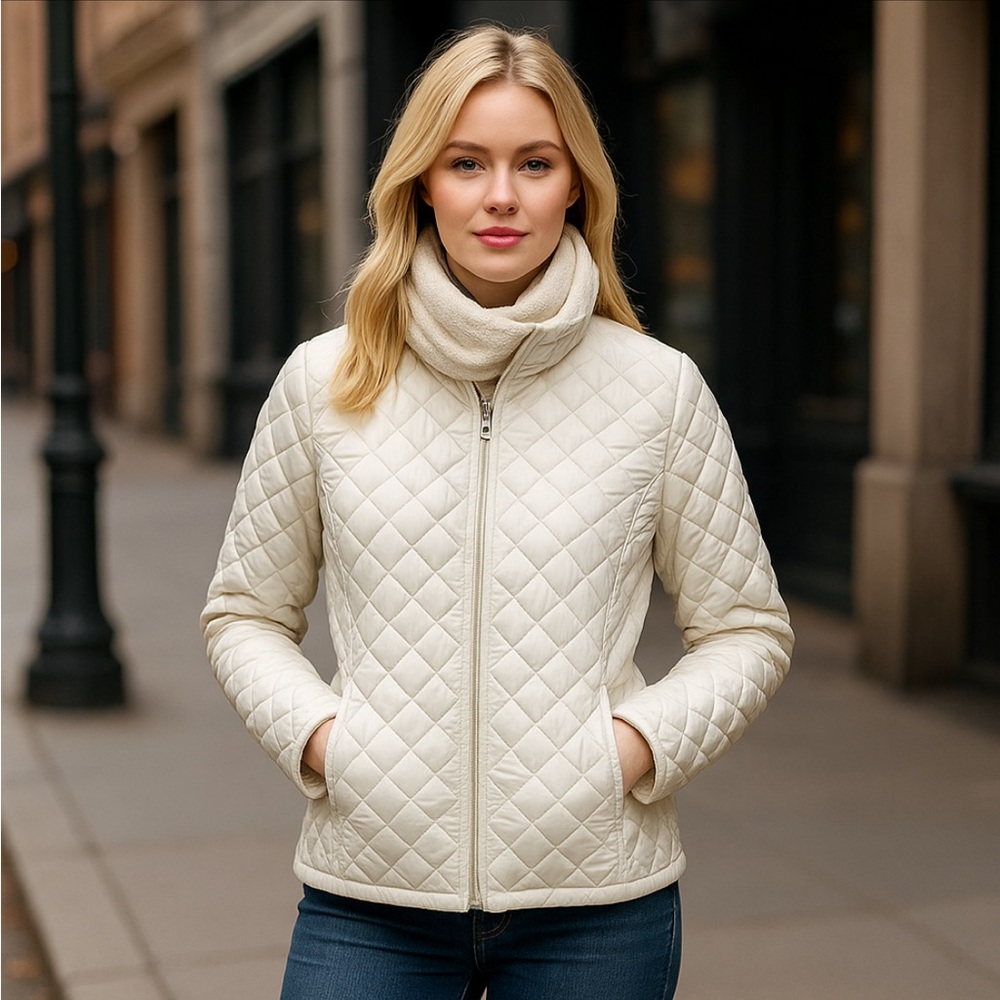 Eddie Bauer Women’s Quilted Jacket L Ivory Thermore Insulated Zip Pockets Winter